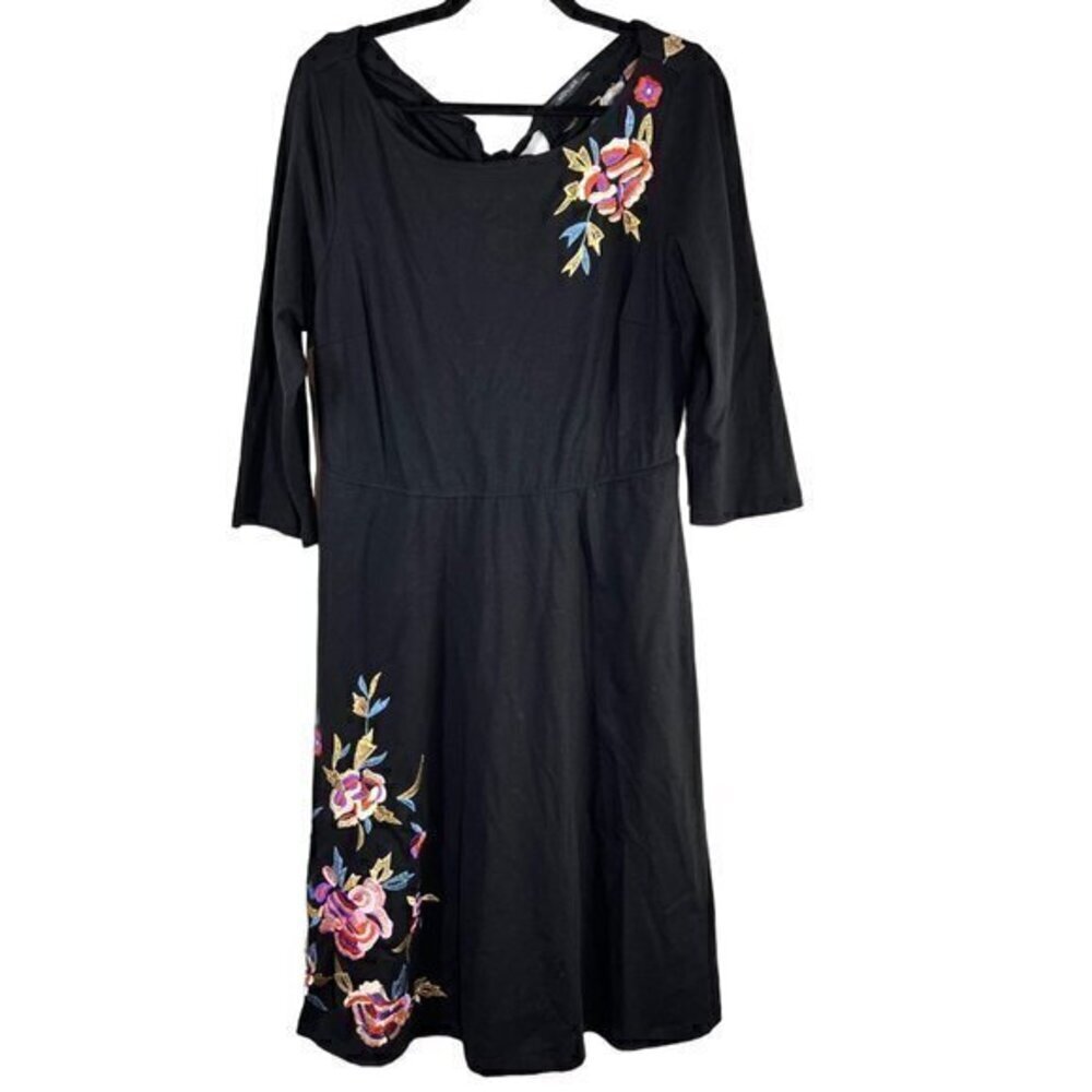 Eshakti Floral Embroidery Cotton Jersey Fit & Flare Dress Plus Size 1X / 16W